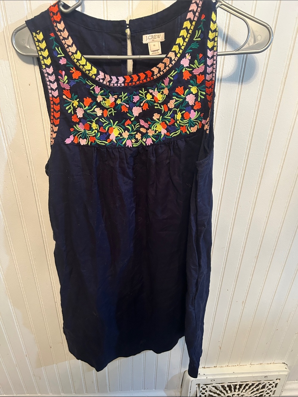J. Crew Navy Sleeveless Dress with Multicolor Floral Embroidery